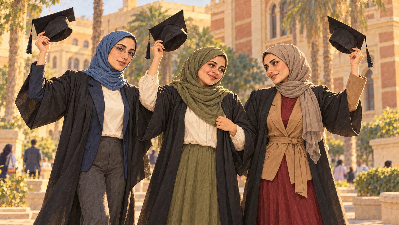 Three friends celebrate graduation outside their university in an illustrated scene from the story.