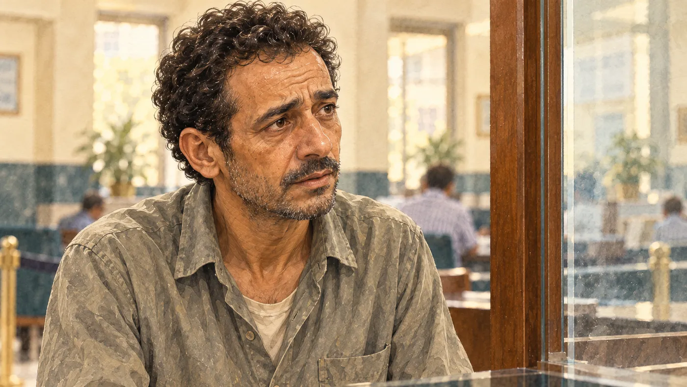 Ahmed looks anxiously across a bank counter in an illustrated scene from the story.