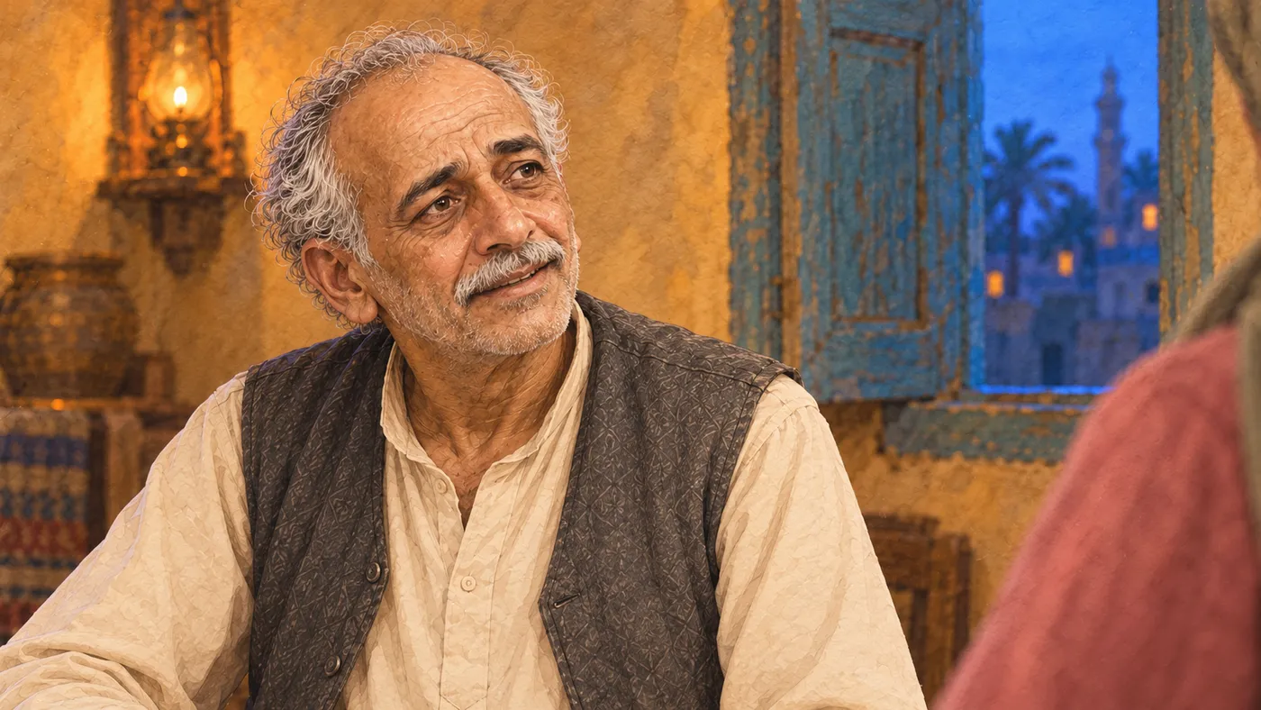 Uncle Saber sits in his rural home at dawn in an illustrated scene from the story.