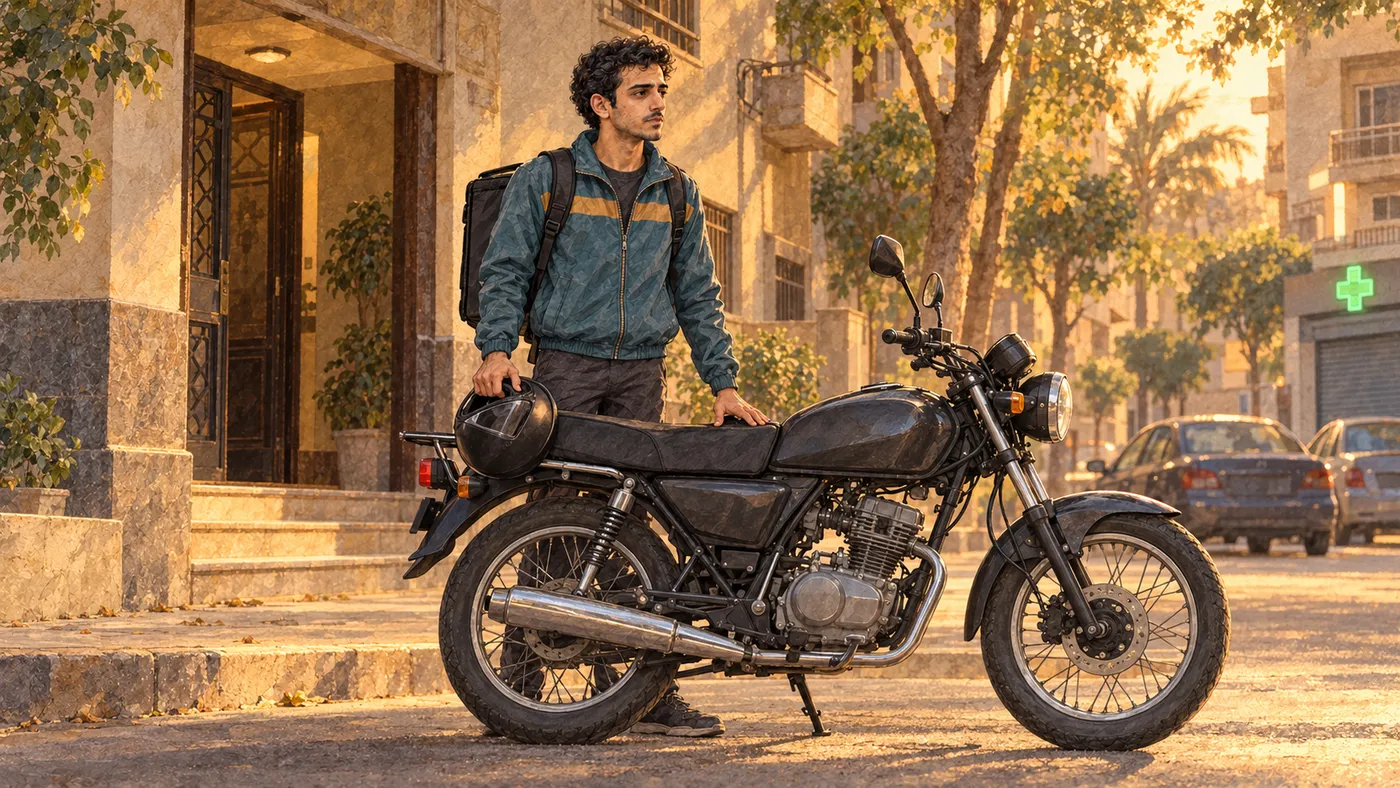 Mazen stands beside his motorcycle on an Egyptian street, ready for his delivery shift.