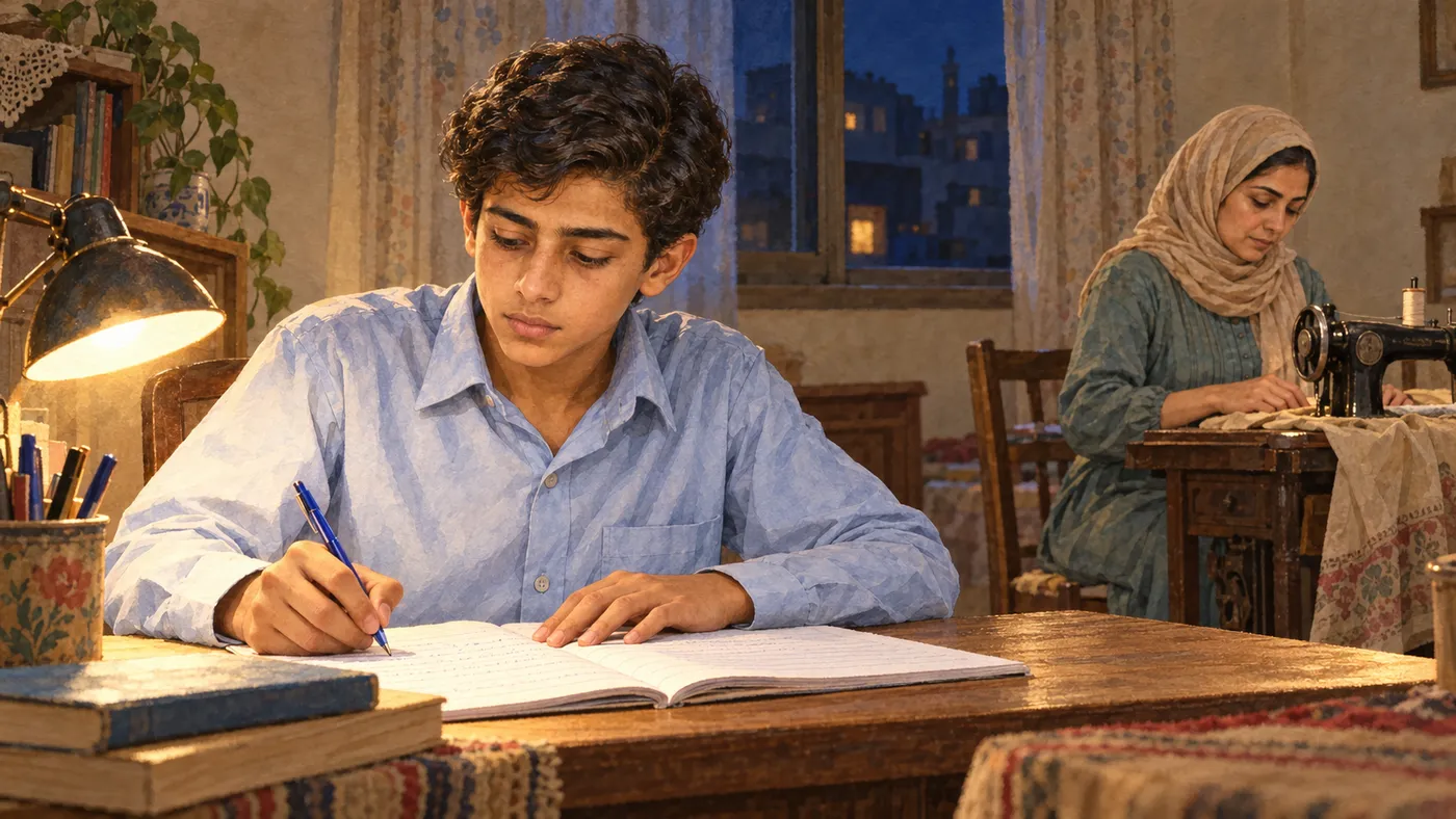 Yahya studies under a desk lamp while his mother works at her sewing machine behind him.